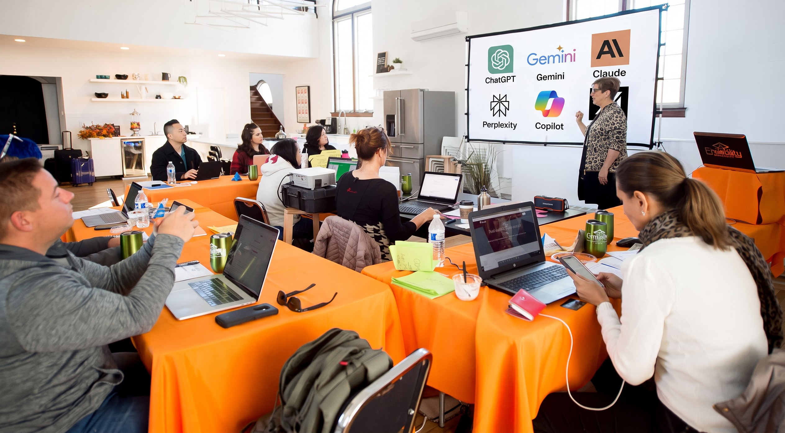 Heather Lutze teaching a live Findability University workshop with AI search engine logos on the projection screen